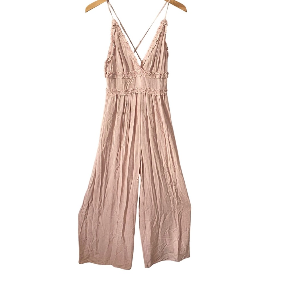Storia Anthropologie Womens Blush Pink V-Neck Wide Leg Open Back Jumpsuit Small